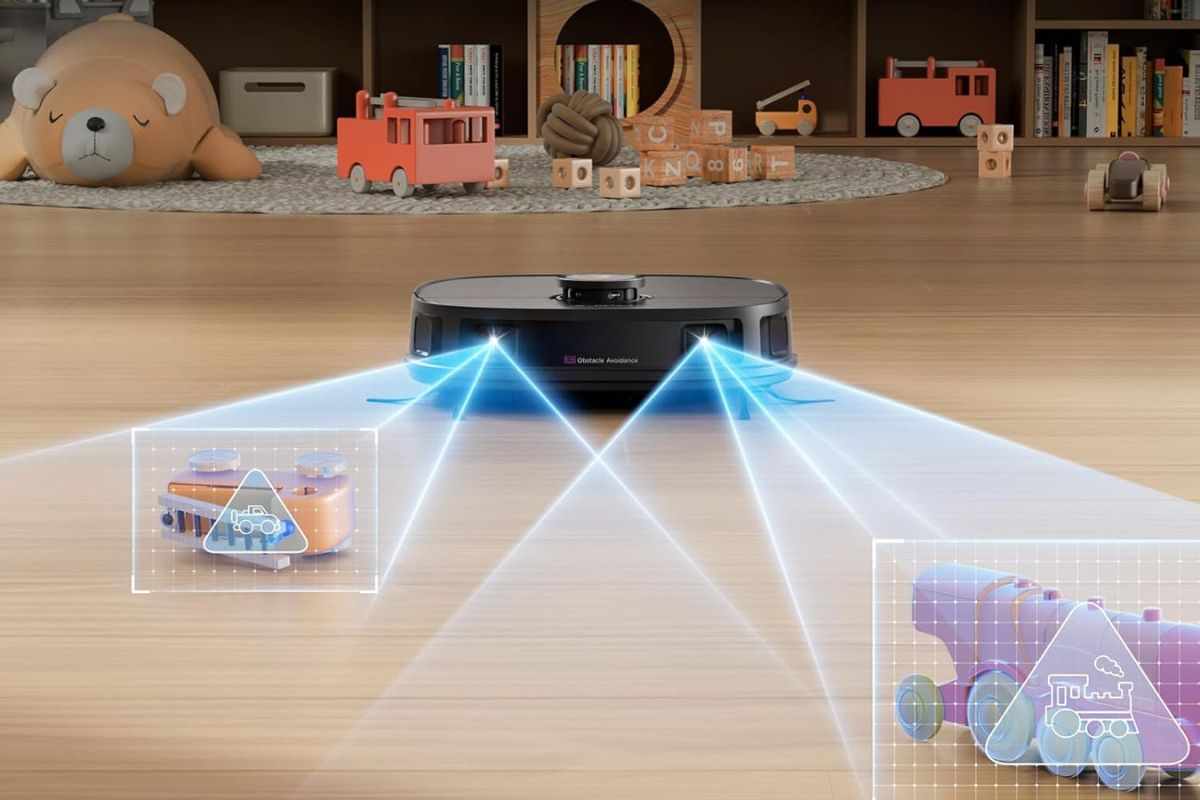 robot aspirapolvere con luci laser che inquadra oggetti sul percorso