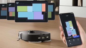 robot aspirapolvere su pavimento in legno, comando tramite smartphone, planimetria della casa