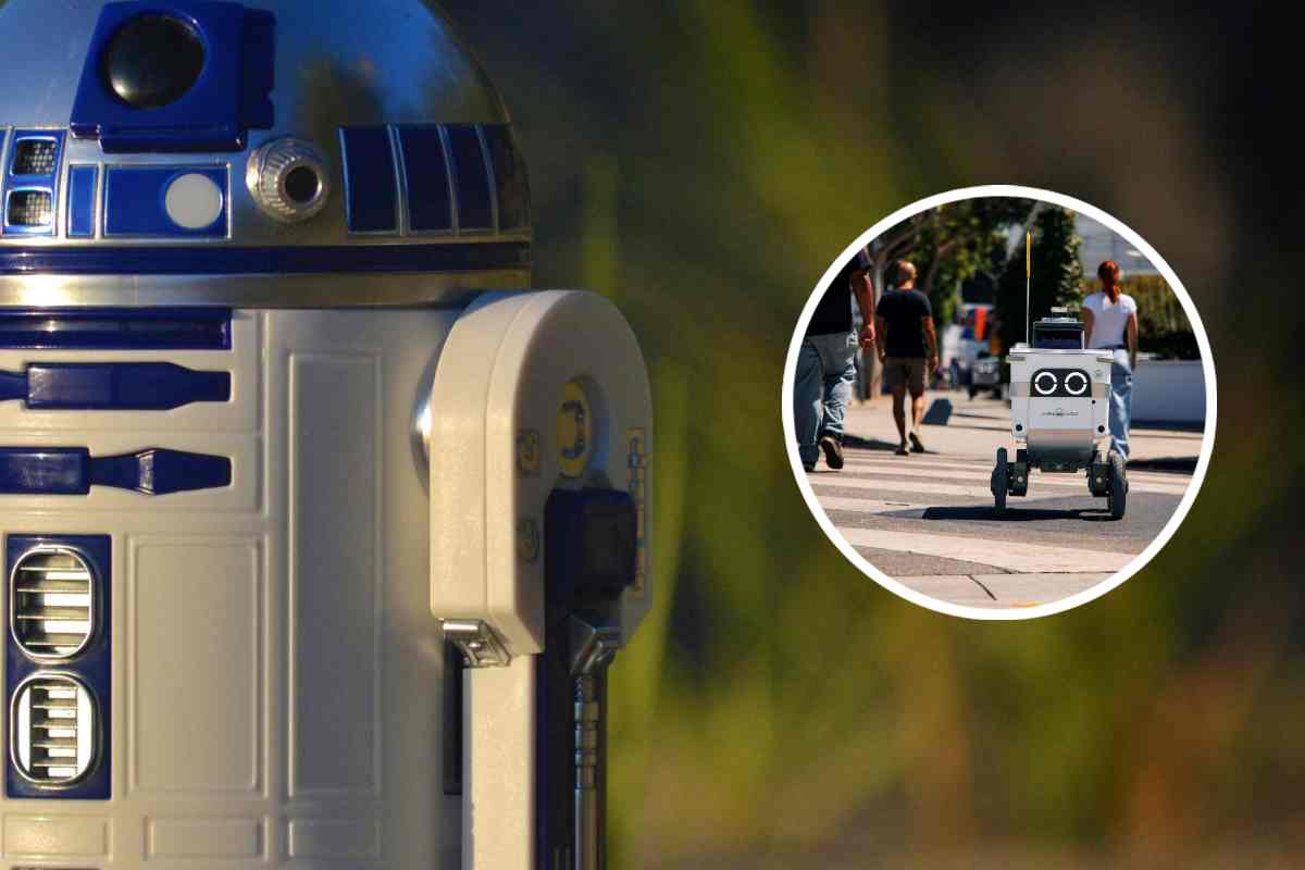 Il profilo di un robottino giocattolo e, in evidenza, un robot da delivery