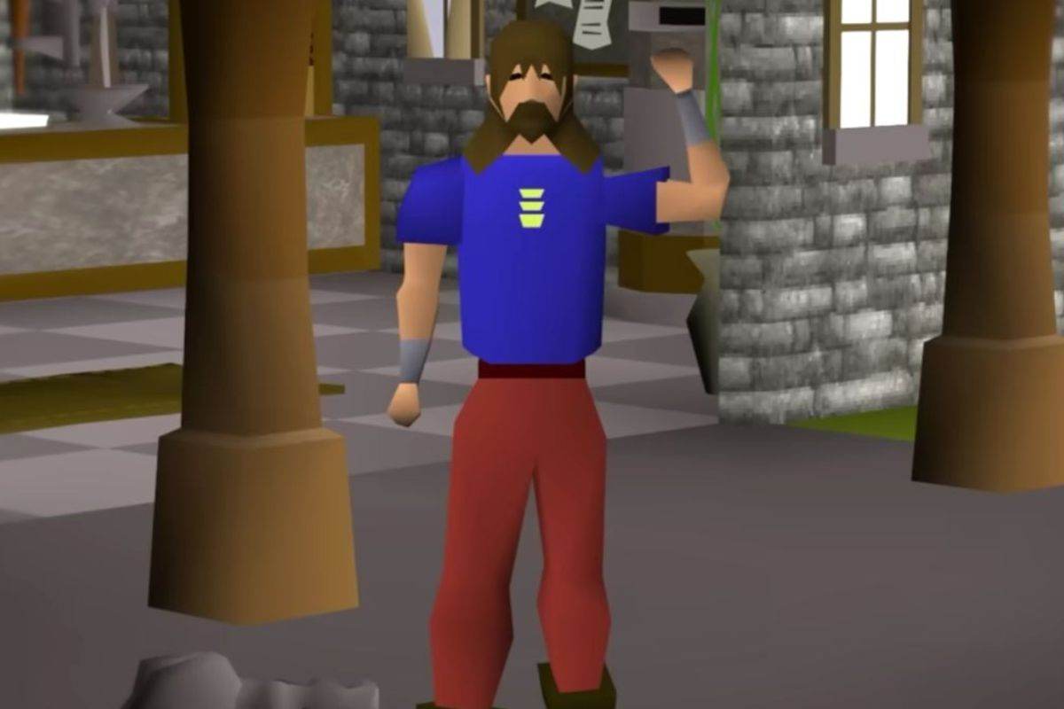 personaggio di runescape con capelli lunghi e maglietta blu che saluta