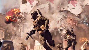 sldati con armi da fuoco corrono sotto i bombardamenti, edifcio crolla, pollici in giù sopra di loro