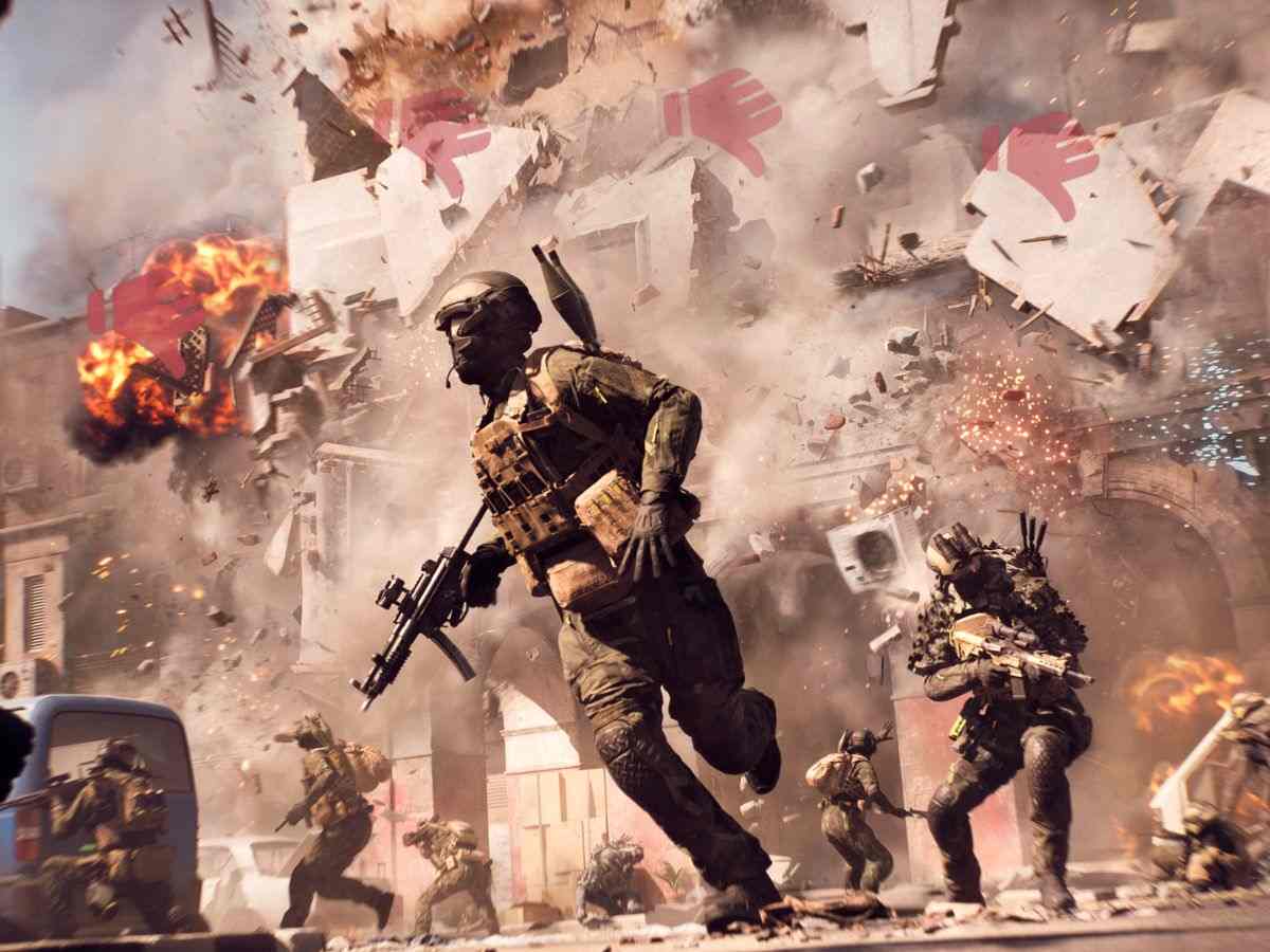 sldati con armi da fuoco corrono sotto i bombardamenti, edifcio crolla, pollici in giù sopra di loro