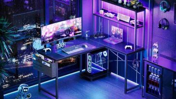 scrivania da gaming Coleshome all'interno di una stanza, postazione LED