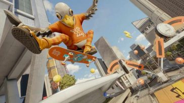 uomo con maschera da uccello sopra skateboard