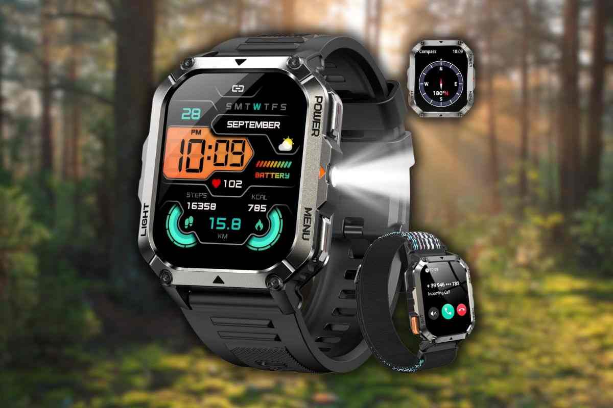 smartwatch con luce accesa, smartwatch più piccolo, quadrante con bussola, sfondo natura