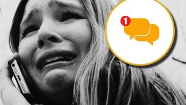 Una ragazza spaventata al telefono e, in evidenza, l'icona di un messaggio ricevuto