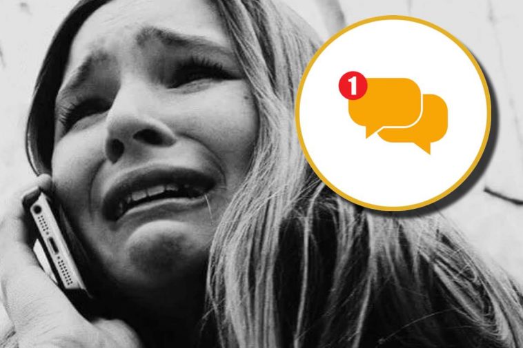 Una ragazza spaventata al telefono e, in evidenza, l'icona di un messaggio ricevuto