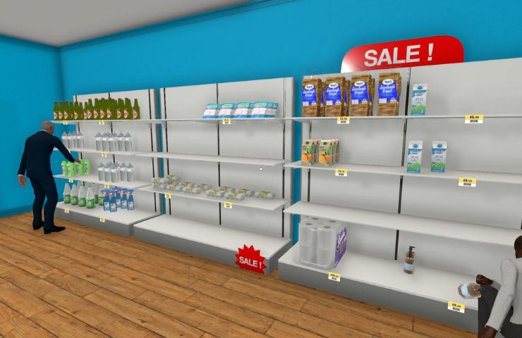 screenshot di supermarket simulator con scaffali di prodotti