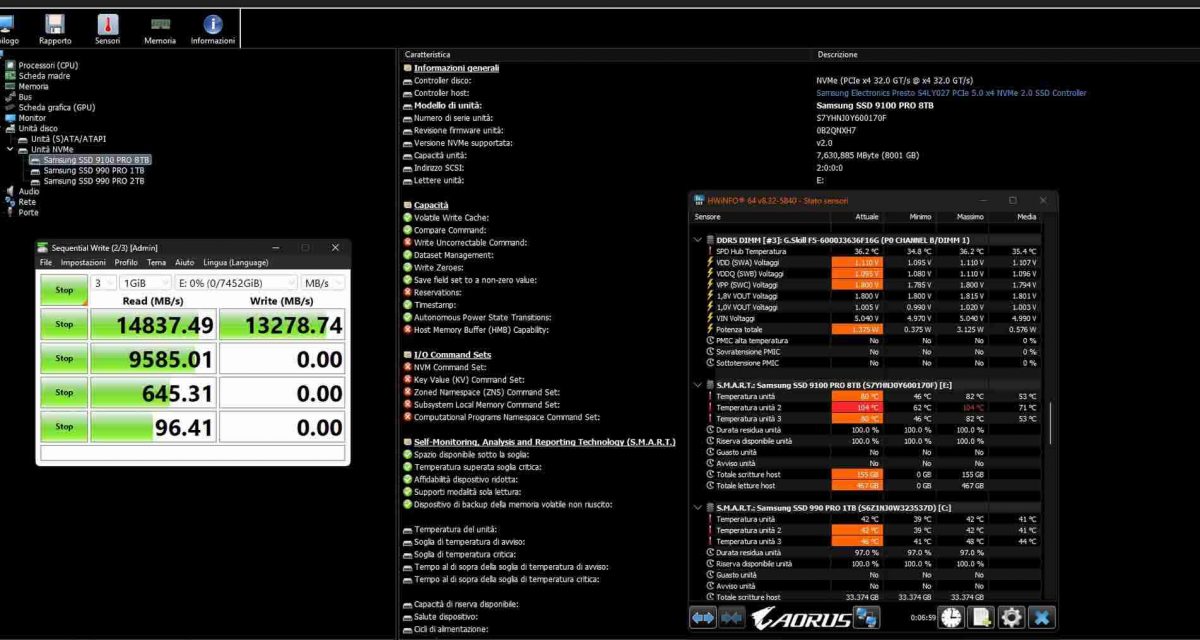 Un benchmark fatto con Crystal Disk Mark per il Samsung 9100 Pro 8TB