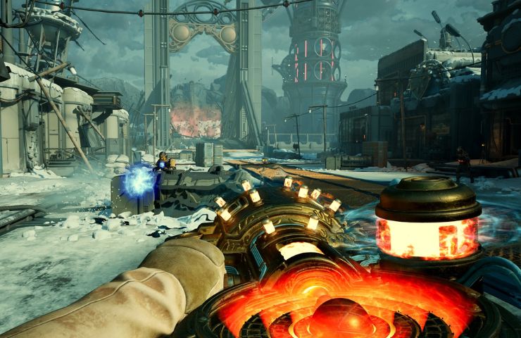 screenshot di the outer worlds 2 con pistola in primo piano all'esterno