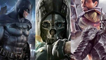tre copertine di giochi affiancate in orizzontale: batman arkham collection, dishonored e middle earth shadow of war