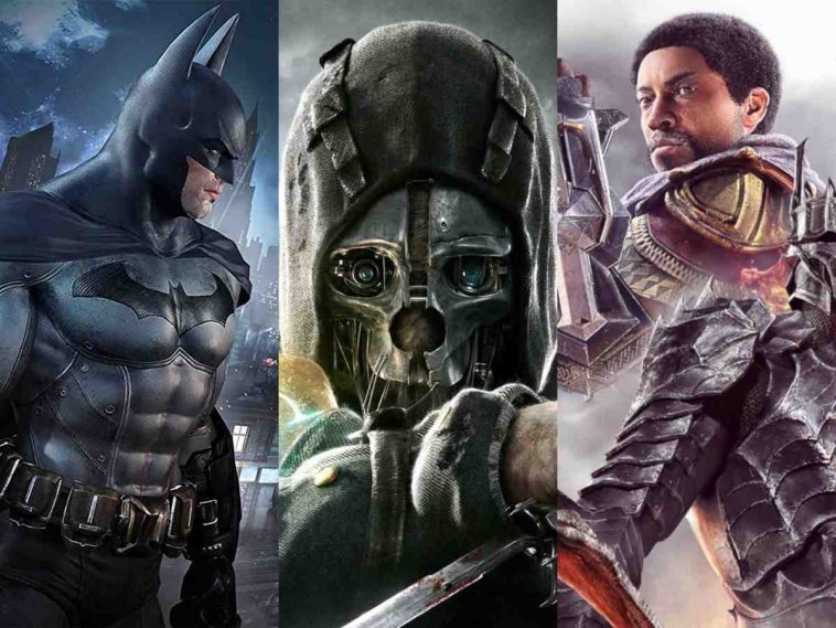 tre copertine di giochi affiancate in orizzontale: batman arkham collection, dishonored e middle earth shadow of war