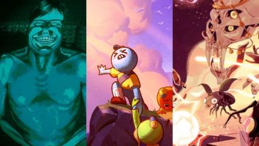 collage di tre immagini verticali affiancate di no, i'm not a human, peak e ball x pit