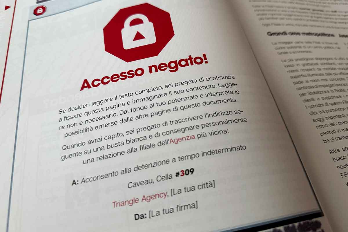 Una pagina del manuale in cui vi è un enorme simbolo di Accesso Negato