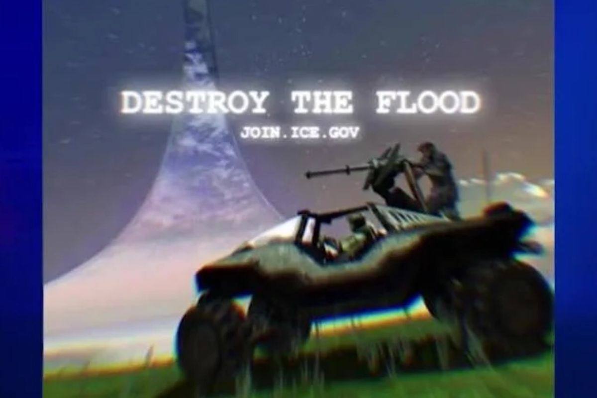 personaggio di halo sopra veicolo con mitragliatrice, scritta detroy the flood