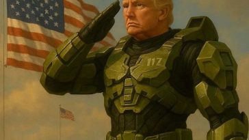 donald trump immagine AI con unifore verde futuristica che fa il saluto alla bandiera americana