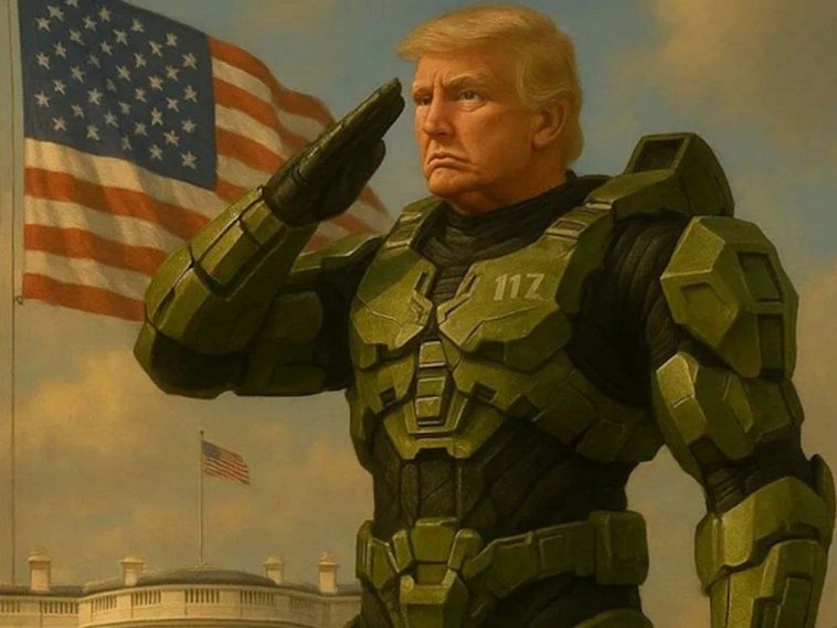 donald trump immagine AI con unifore verde futuristica che fa il saluto alla bandiera americana