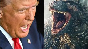 Il presidente Donald Trump di fronte a Godzilla