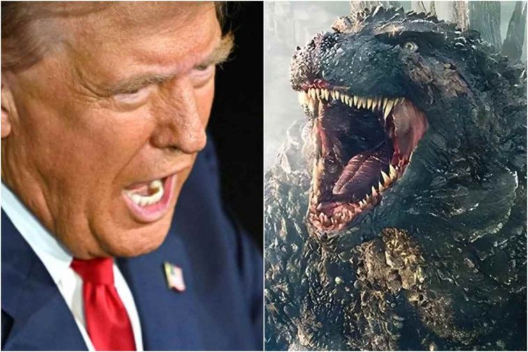 Il presidente Donald Trump di fronte a Godzilla