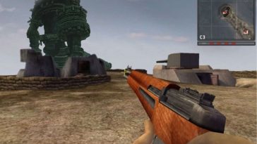 visuale in prima persona di fucile seconda guerar mondale, sullo sfondo colosso che cammina di spalle di pietra