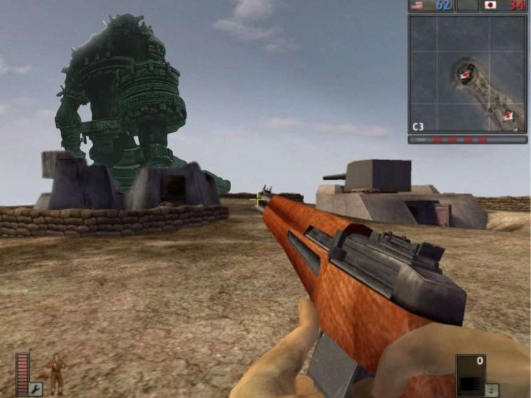 visuale in prima persona di fucile seconda guerar mondale, sullo sfondo colosso che cammina di spalle di pietra