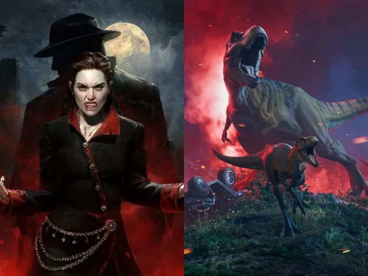 vampire the masquerade bloodlines 2 e jurassic world evolution 3 immagini affiancate