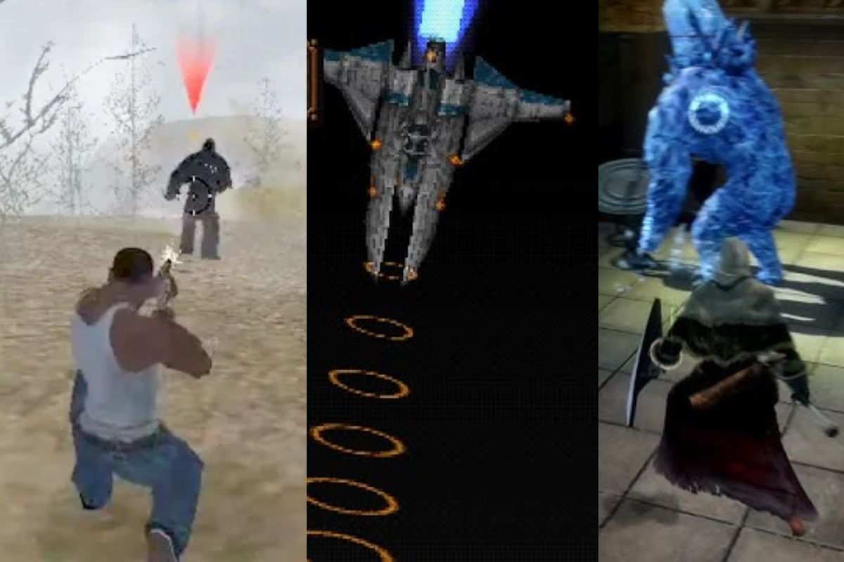 a sinistra personaggio gta san andreas che spara a big foot, al centro spada gradius nvicella spaziale, a destra cavaliere davanti a golem di cristallo blu in dark souls