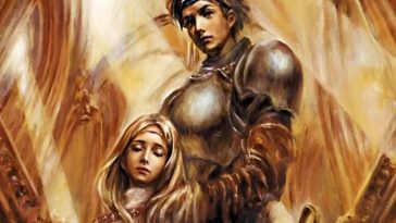 cavaliere in piedi che abbraccia ragazza bionda seduta