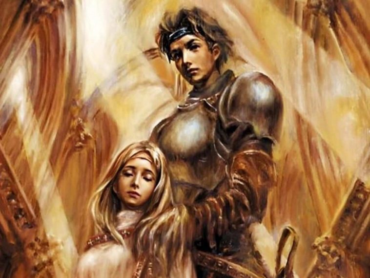 cavaliere in piedi che abbraccia ragazza bionda seduta