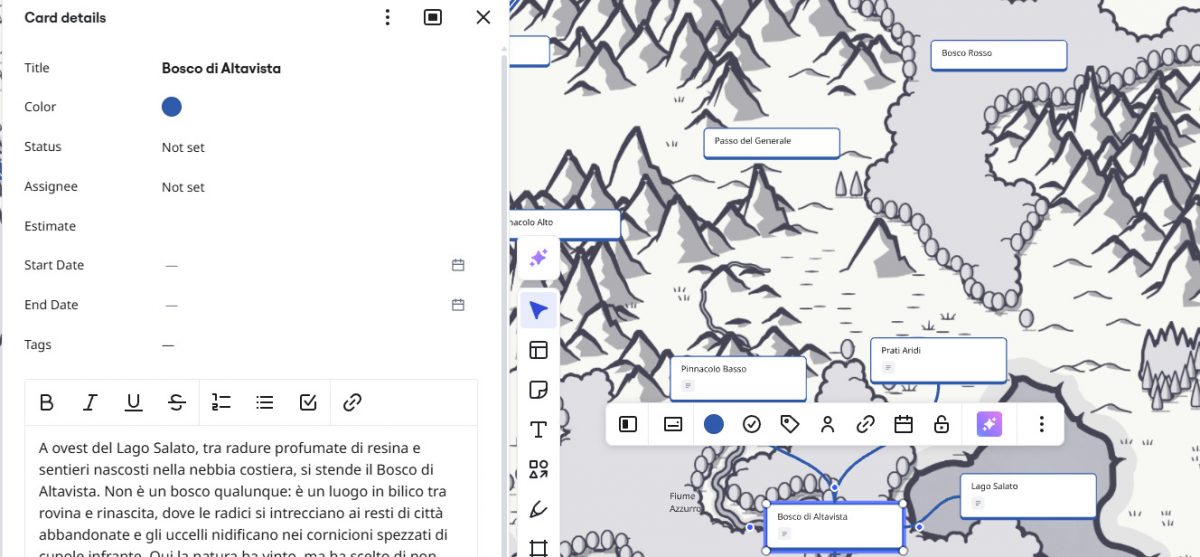 Mappa con diagramma e dettagli di un'ambientazione personalizzata costruita sul GDR Wilderfeast attraverso il software web Miro