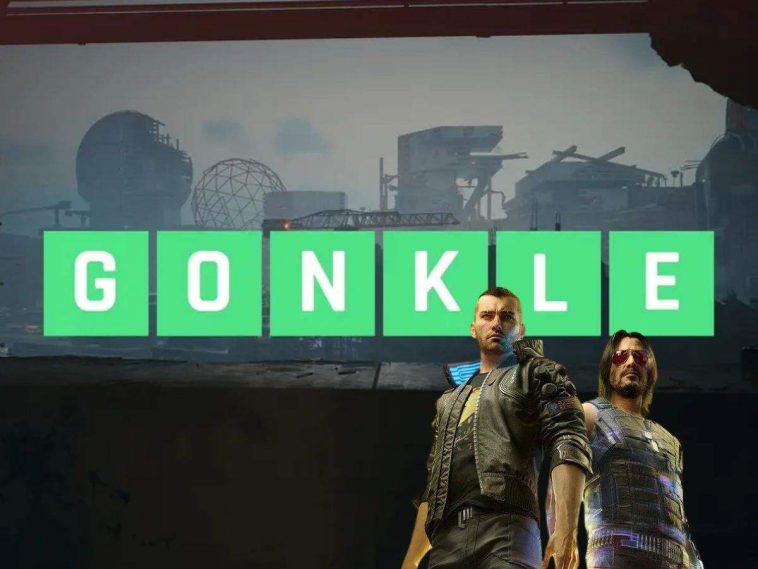 scritta gonkle, personaggio con capelli lunghi e occhiali da sole, personaggio con capelli corto e giubotto