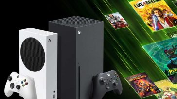 console xbox series affiancate su sfondo nero e affianco locandine di alcuni giochi con scie verdi