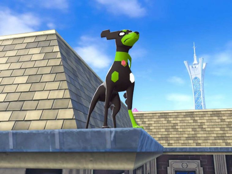 screenshot di leggende z-a con zygarde sul tetto