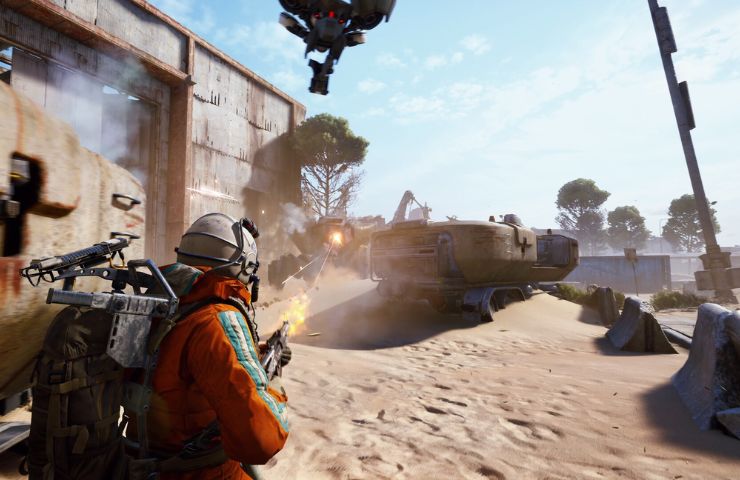 screenshot di arc raiders con raider che spara contro un mech