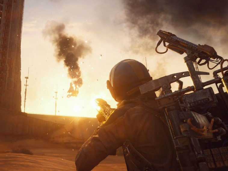 personaggio di arc raiders di spalle che spara