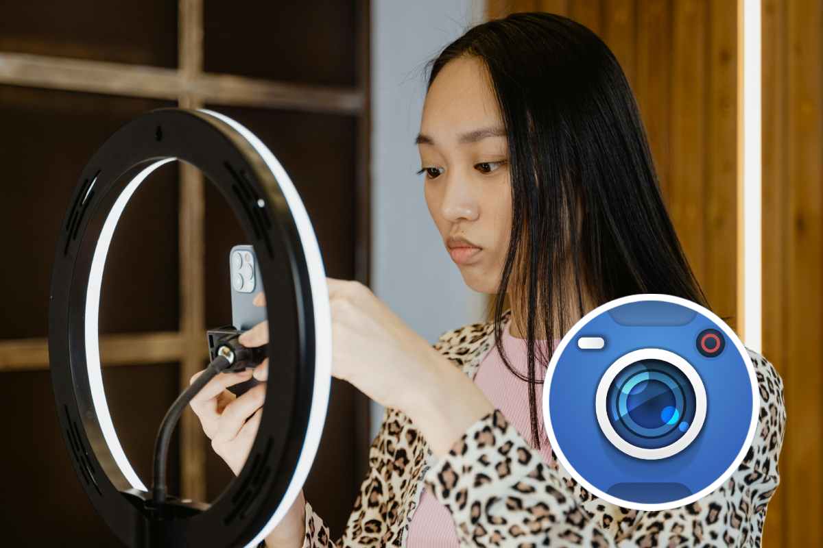 Una ragazza che registra un video con un telefono e, in evidenza, il logo di Blackmagic Design