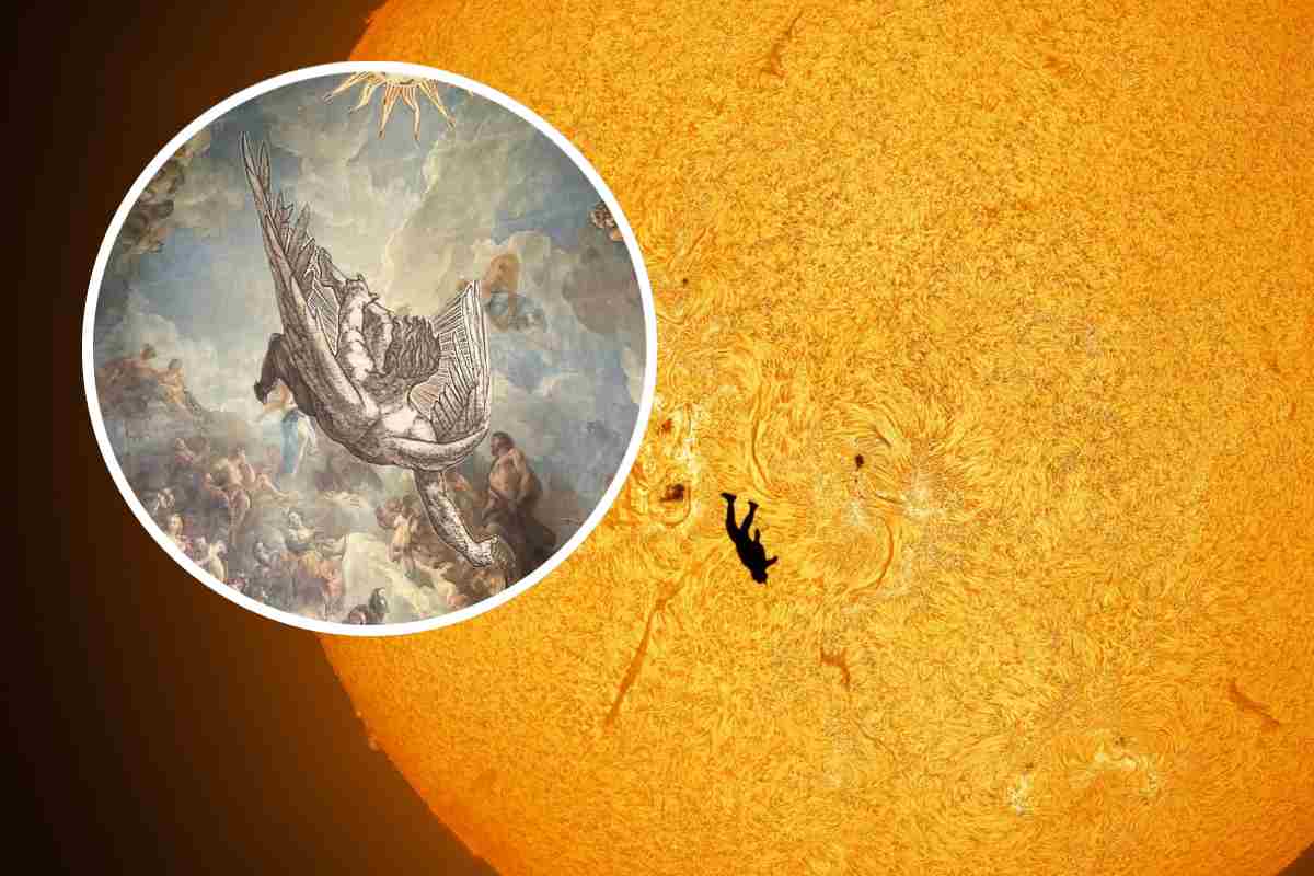 La foto "The Fall of Icarus" di McCarthey e un'illustrazione del mito di Icaro