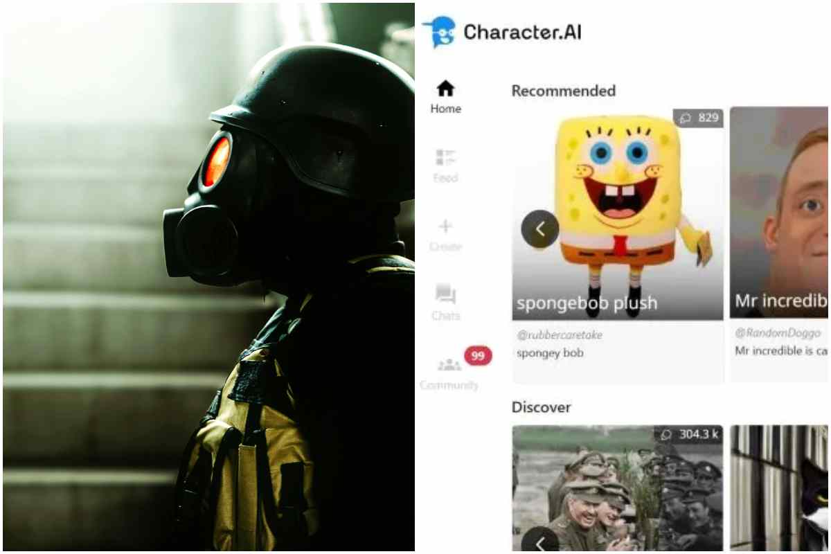 Un militare in maschera anti-gas e una schermata di Character.AI