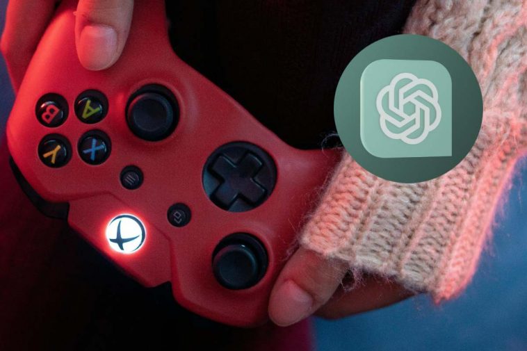 Un controller rosso di un videogame e, in evidenza, il logo di ChatGPT