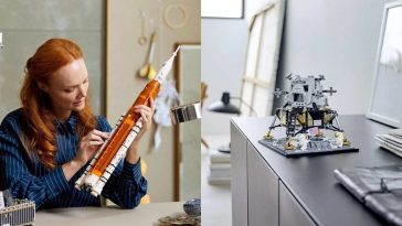 due immagini affiancate di set LEGO con NASA sistema di lancio e apollo 11