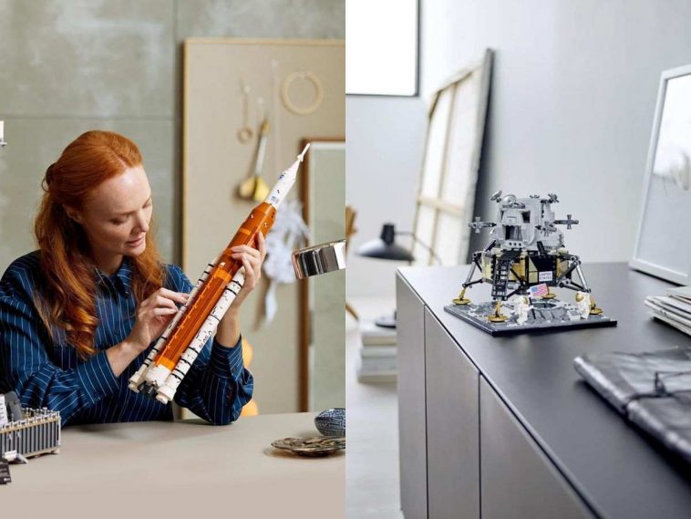 due immagini affiancate di set LEGO con NASA sistema di lancio e apollo 11