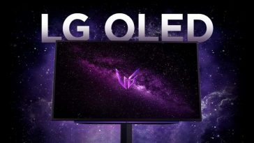 LG ultragear OLED monitor con sfondo viola