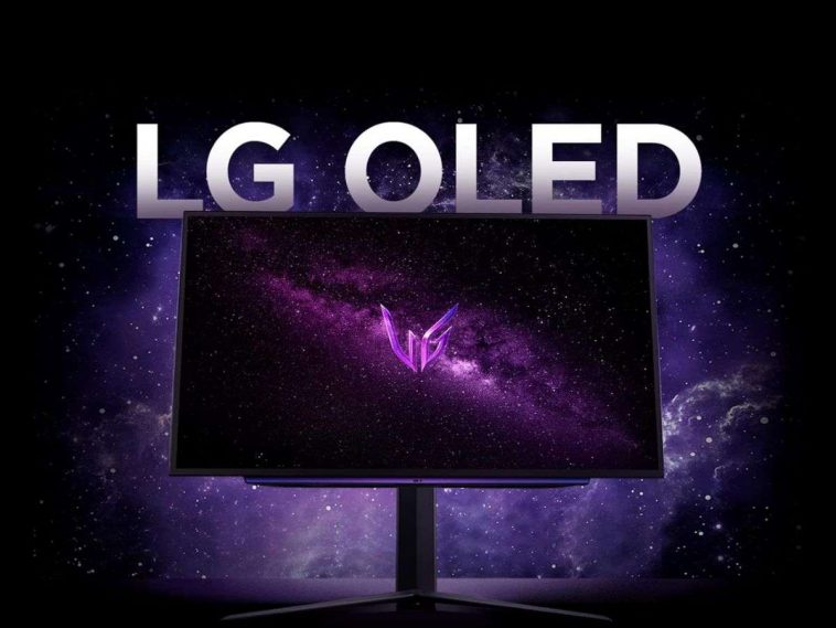 LG ultragear OLED monitor con sfondo viola