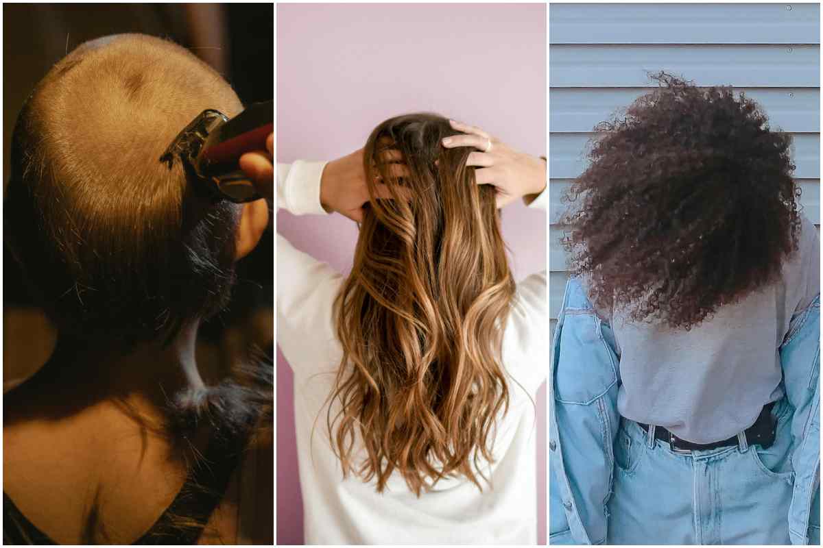 Una persona che si rasa i capelli, una ragazza di spalle con i capelli lunghi e una ragazza con i capelli ricci con la testa abbassata