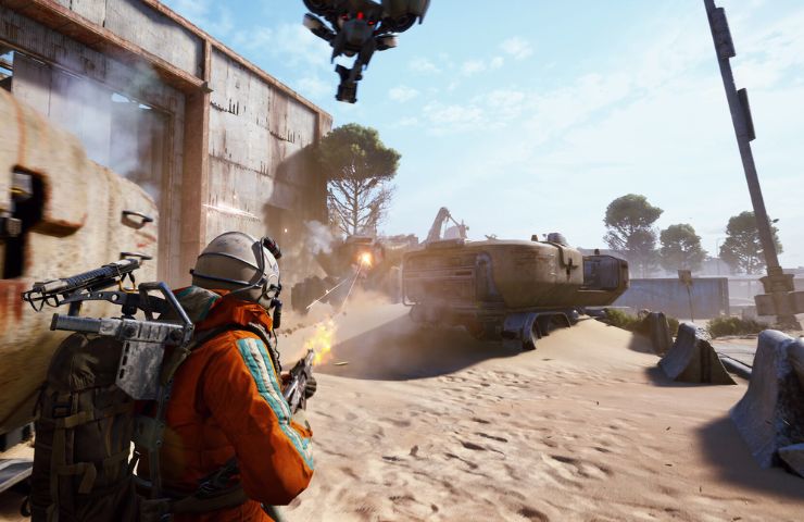 screenshot di ARC Raiders con un raider che spara a un veicolo