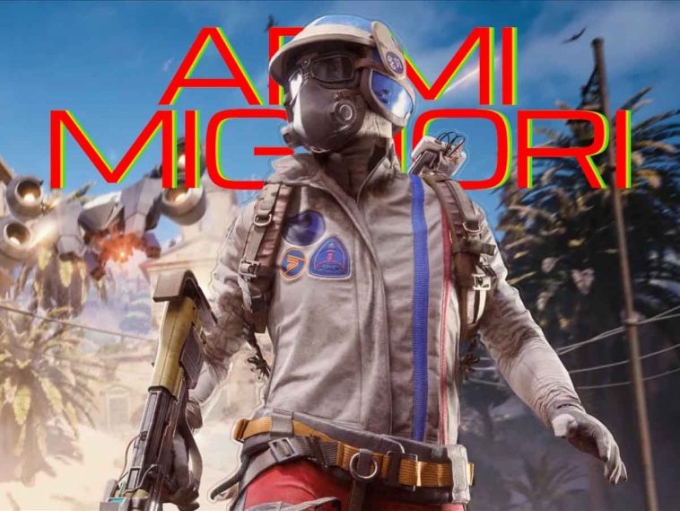 screenshot di arc raiders con personaggio in primo piano e dietro la scritta armi migliori