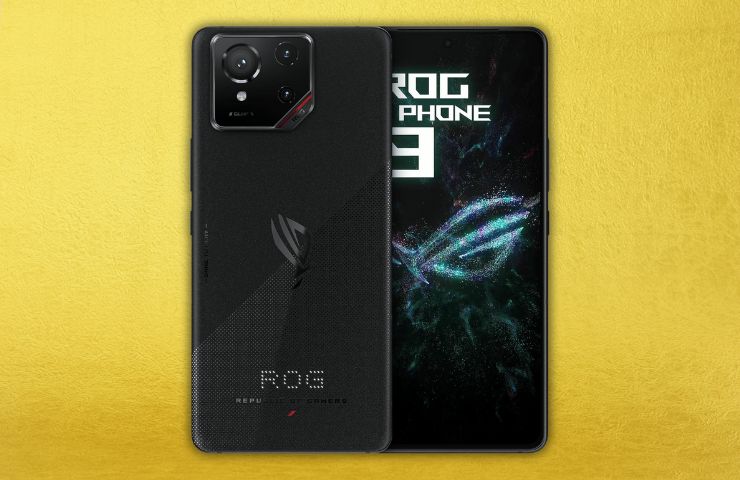 ASUS ROG Phone 9 su sfondo giallo fronte retro