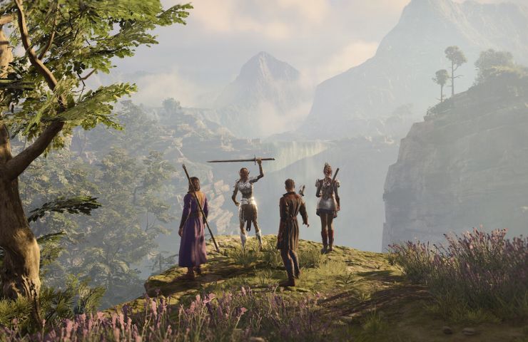 screenshot di baldurs gate 3 con personaggi su uno strapiombo