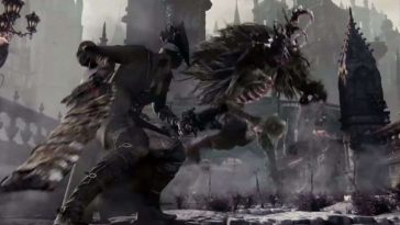 cacciatore di bloodborne con capello nero e vestito nero che carica attacco contro nemico ferale