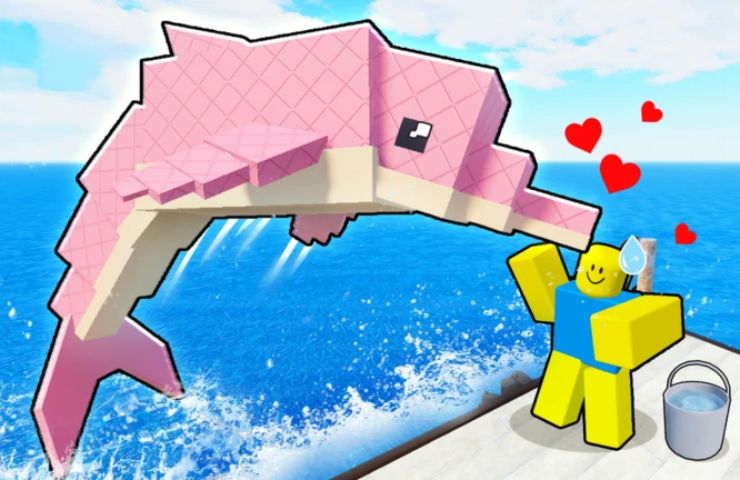 screenshot di build a zoo con omino che accarezza delfino rosa